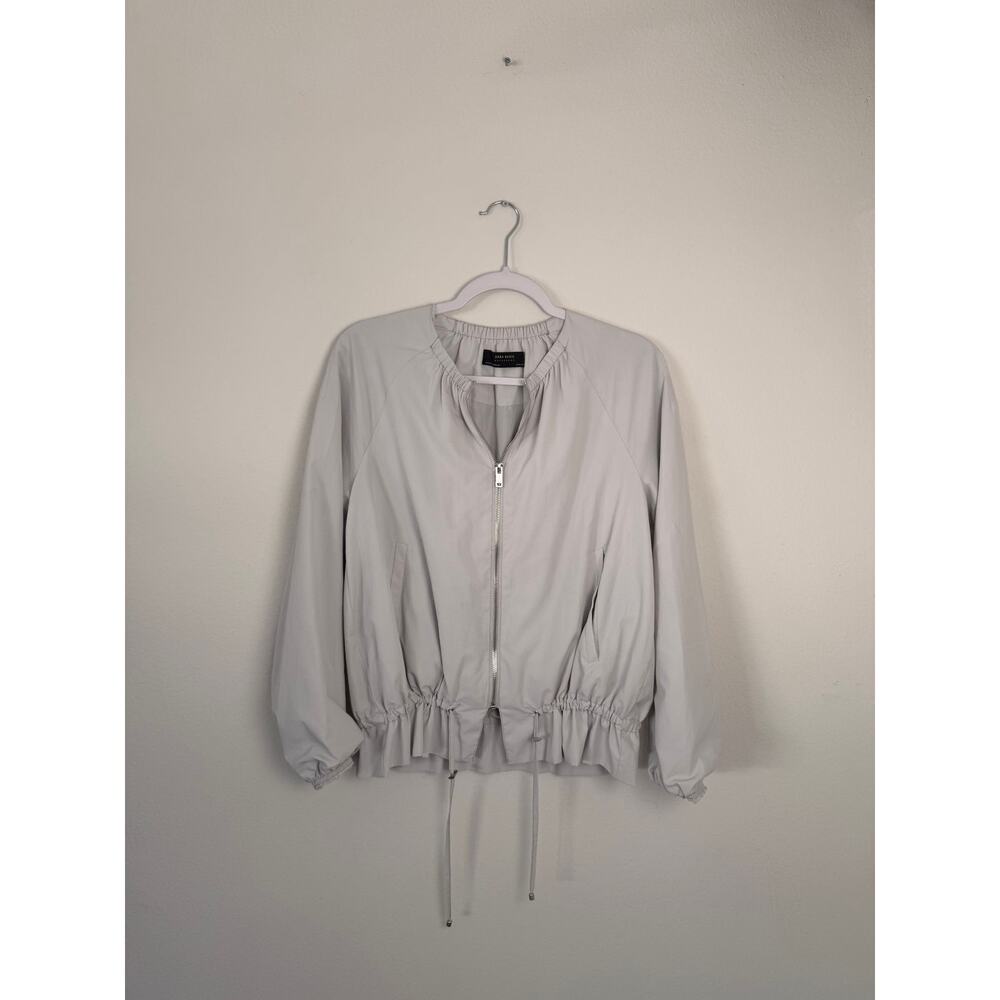 Zara Basic Light Gray BOMBER Ruffle Hem Zip Jacket XS